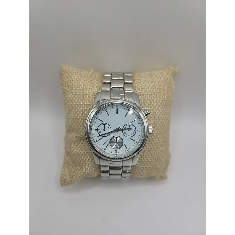 Vintage Silver Tone Chronogragh‎ Style Quartz Watch Metal Link Bracelet